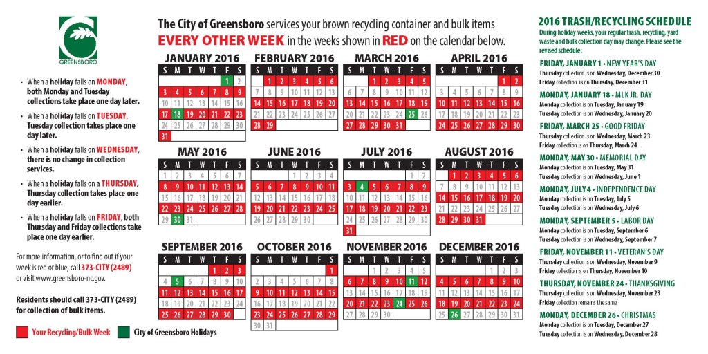 Calendar showing recycling pickup weeks for College Hill in red