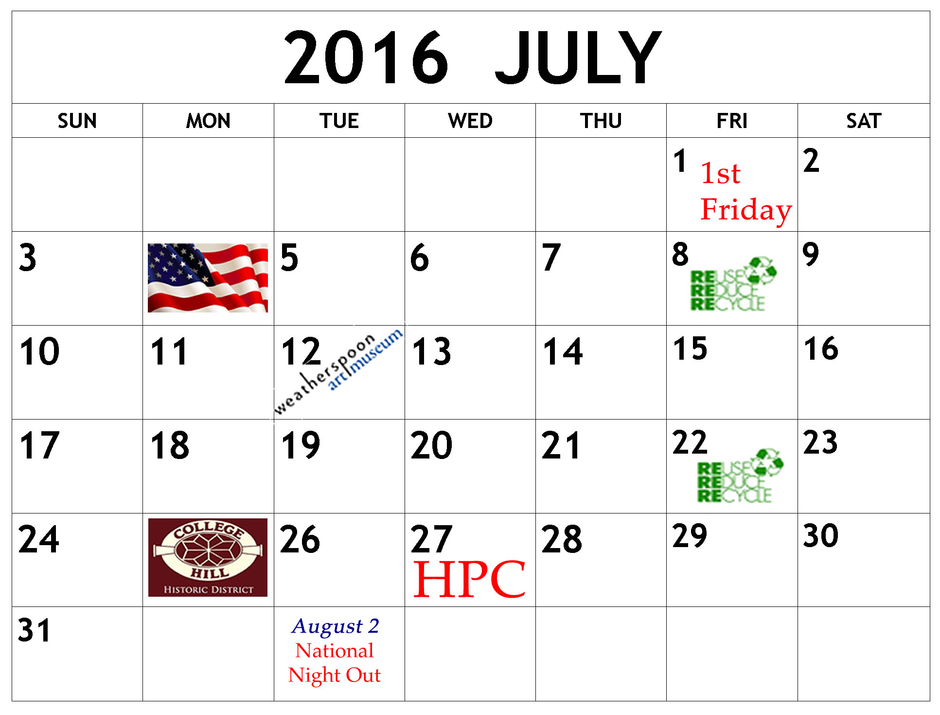 July calendar with College Hill events noted
