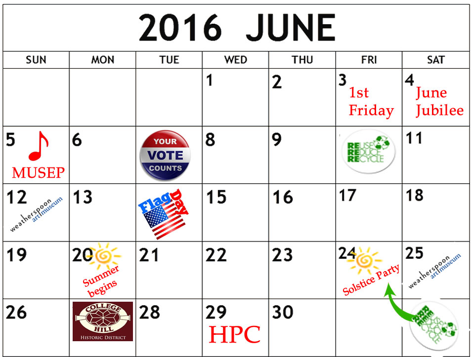 June 2016 calendar with events listed by day