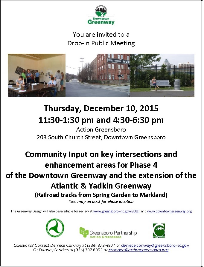 Flyer for Downtown Greenway design meetings at Action Greensboro office, Thursday Dec. 10, 11:30 a.m. and 4:30 p.m.