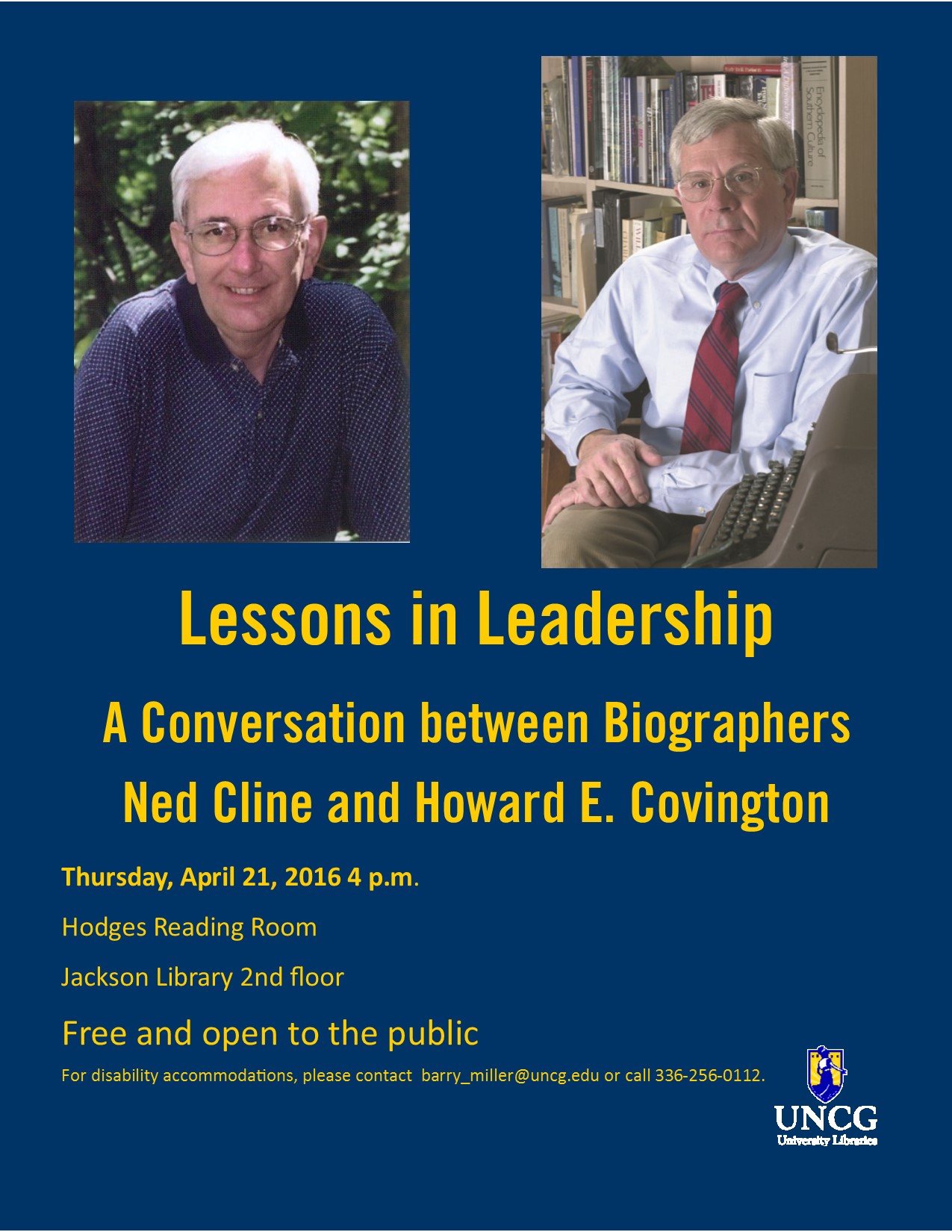 Flyer for Cline & Covington on leadership at Jackson Library, Thursday April 21, 4 p.m.