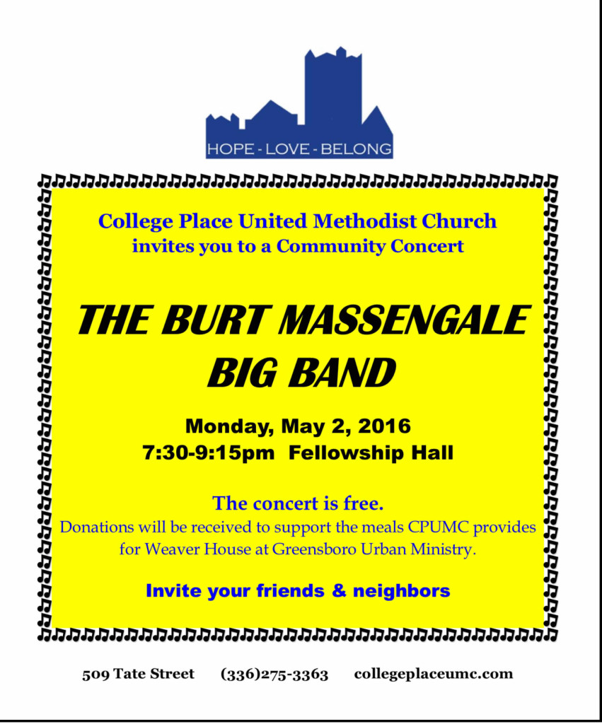 Burt Massengale Big Band @ College Place UMC: Monday 5/2/16, 7:30 p.m.