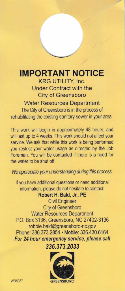 Door-hanger that was distributed in December in re upcoming sewer rehabilitation work