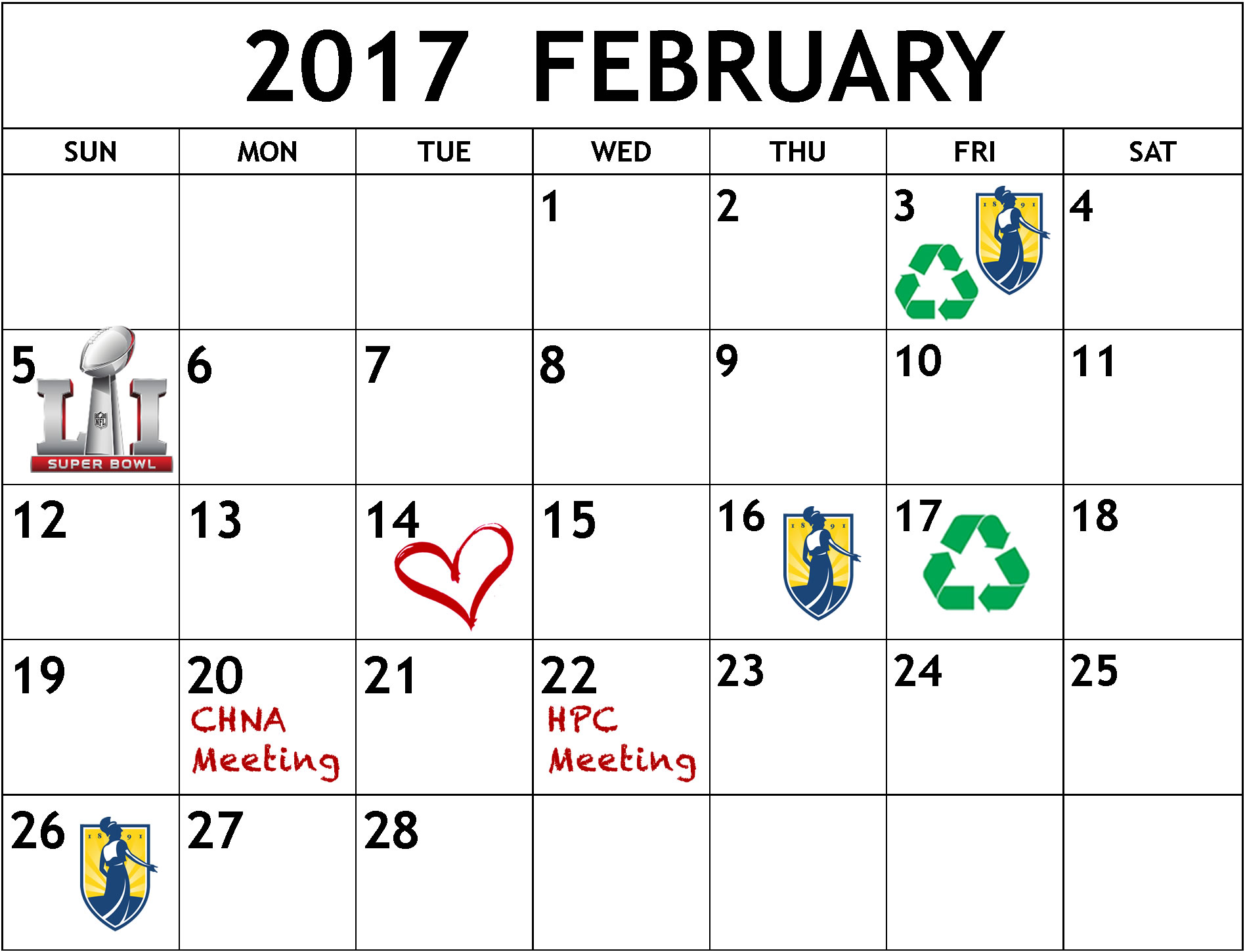 February 2017 calendar of events