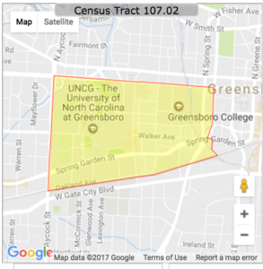 Map outlining boundaries of census tract 107.02