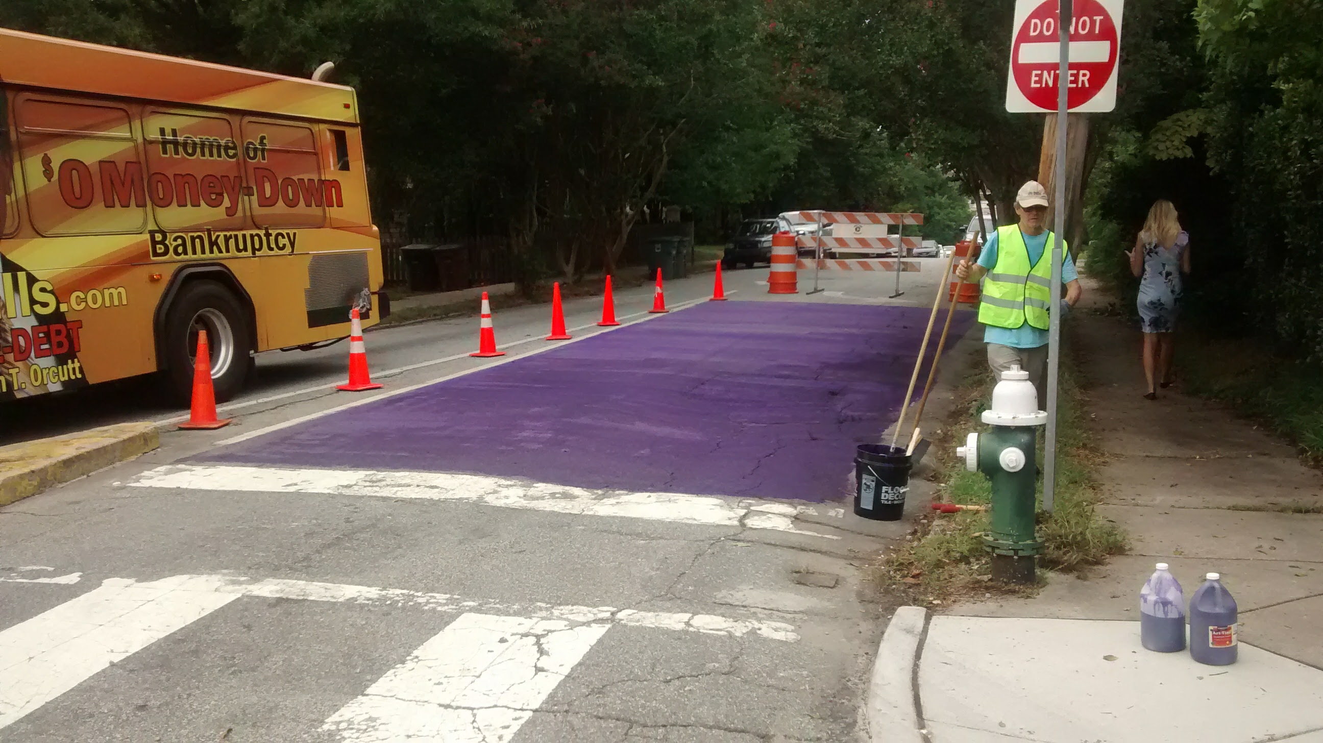 Part of the street blocked off and painted purple
