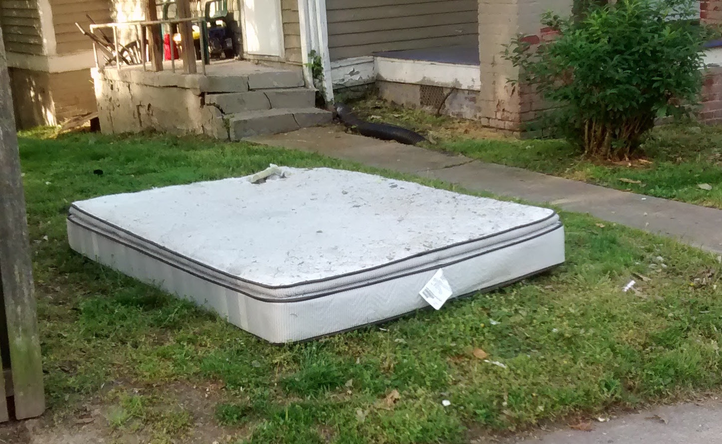 mattress in yard, thrown away by some thoughtless person