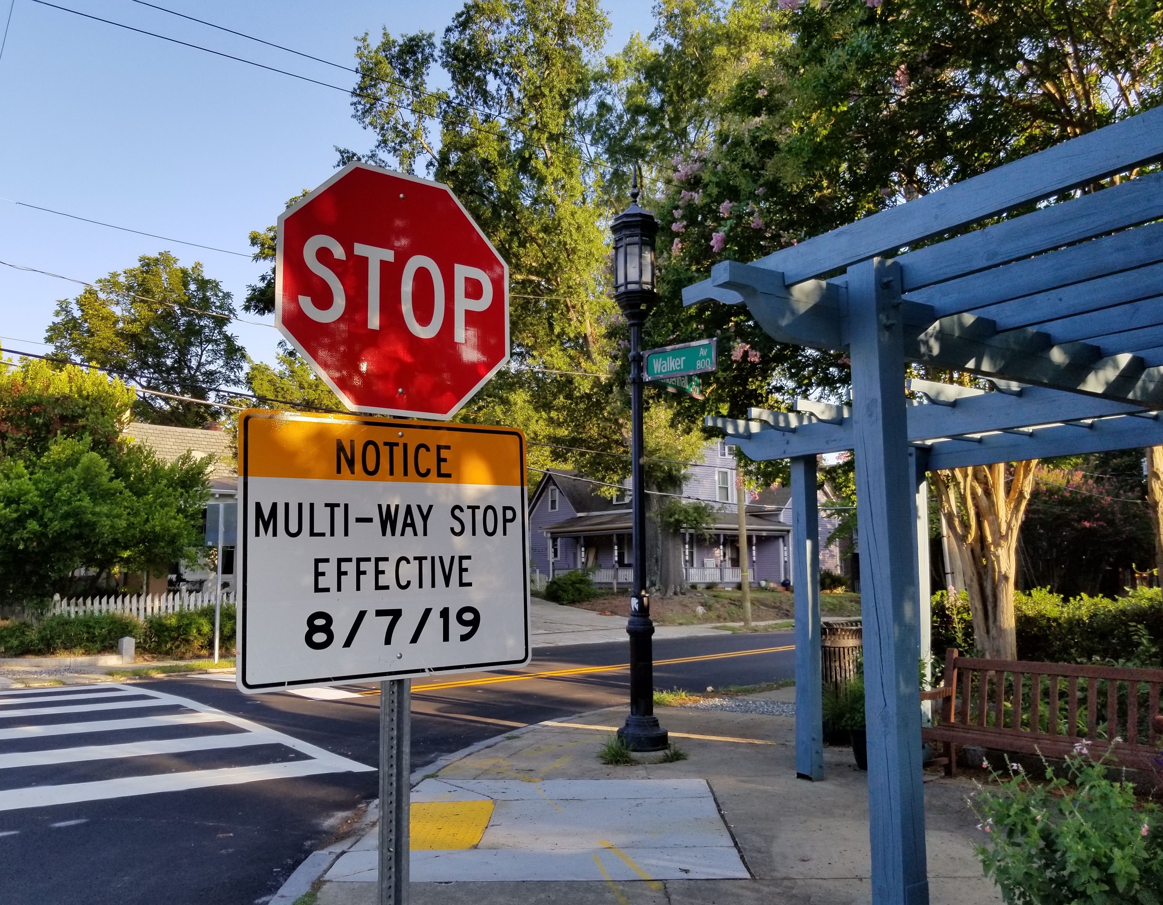 sign announcing new 4-way stop sign on S. Mendenhall Street