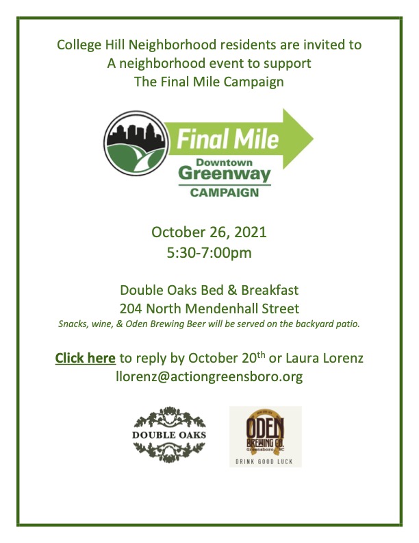 Downtown Greenway Final Mile Campaign Event: Tues Oct 26 5:30-7 pm @ Double Oaks