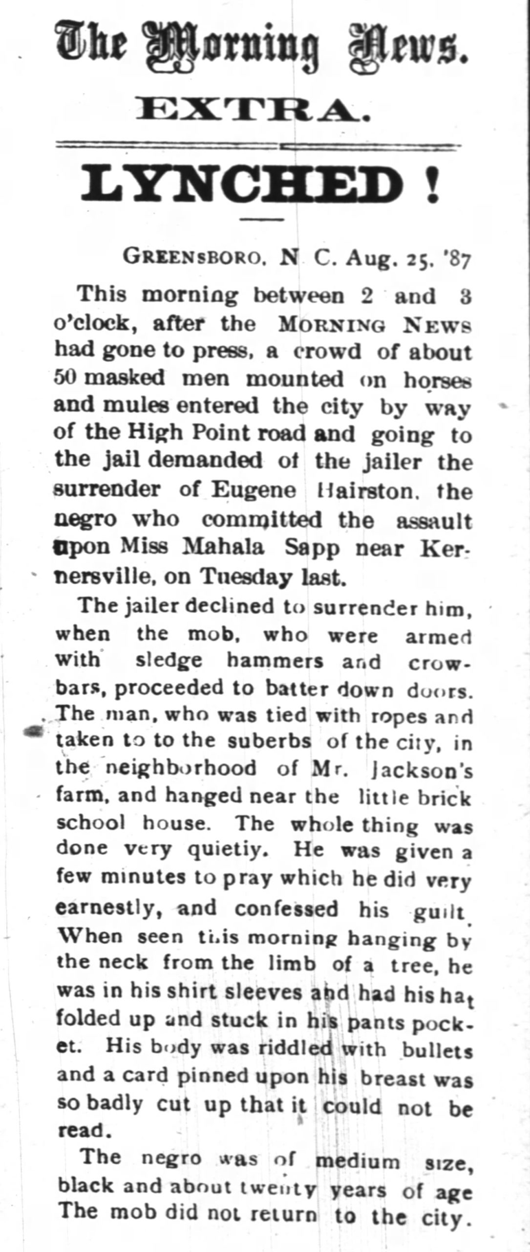 1887 newspaper article reporting the lynching of Eugene Hairston