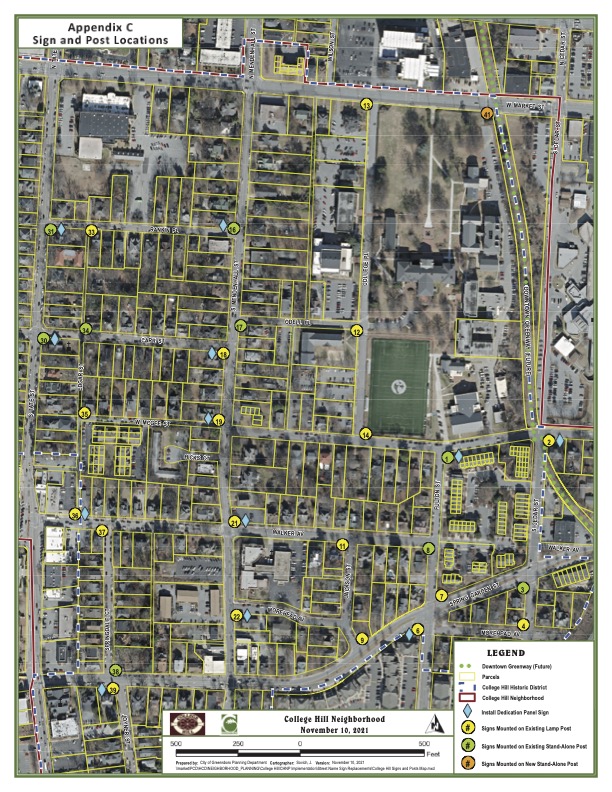 Aerial map of College Hill showing locations of decorative street signs